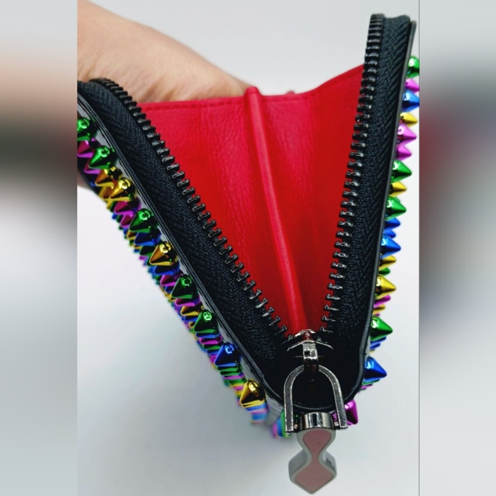 $1299 CHRISTIAN LOUBOUTIN Black Patent Leather Multicolor Spiked Studded Wallet - Picture 7 of 9